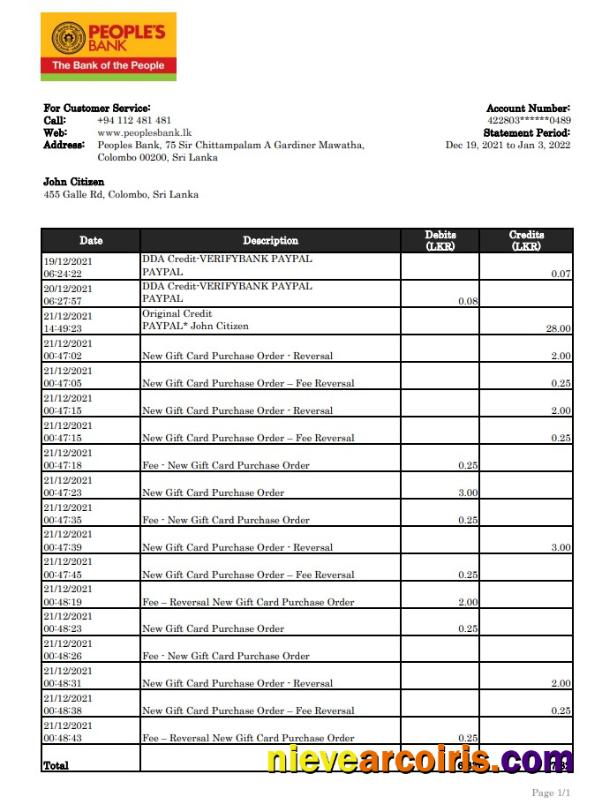 Sri Lanka People's Bank statement xls